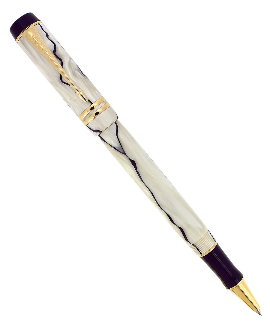 1991 PARKER DUOFOLD BLACK & PEARL ROLLERBALL PEN MADE IN FRANCE