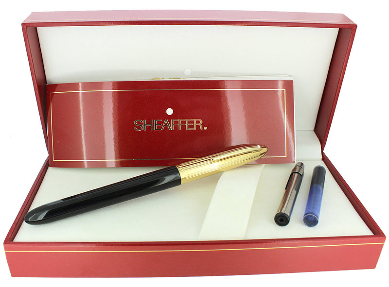 C1992 SHEAFFER CREST GOLD CAP BLACK LAQUE 18K F NIB FOUNTAIN PEN NEVER INKED OFFERED BY ANTIQUE DIGGER