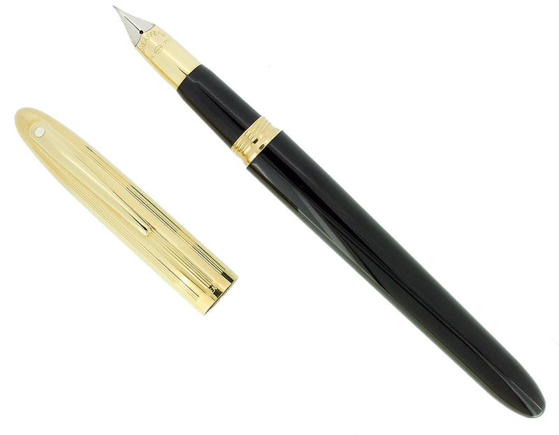 C1992 SHEAFFER CREST GOLD CAP BLACK LAQUE 18K F NIB FOUNTAIN PEN NEVER INKED OFFERED BY ANTIQUE DIGGER