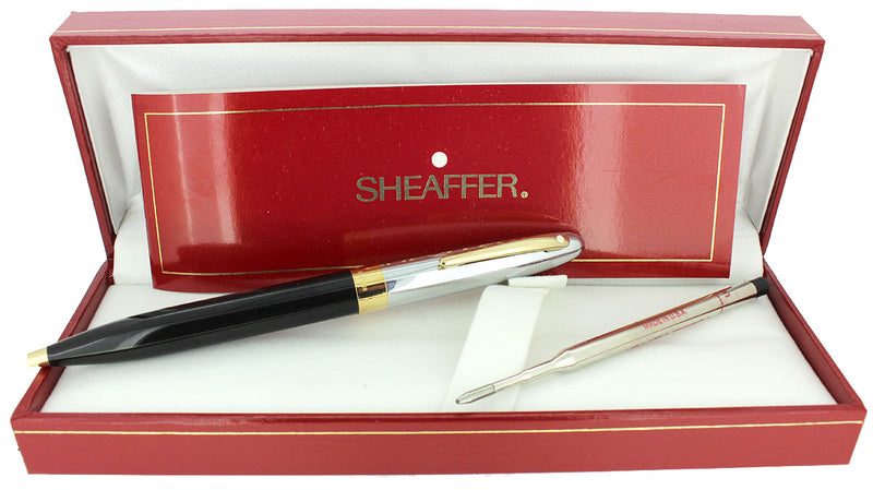 C1993 SHEAFFER CREST CHROME CAP BLACK LAQUE BARREL BALLPOINT PEN NEW OLD STOCK OFFERED BY ANTIQUE DIGGER