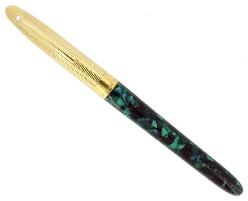 C1996 SHEAFFER CREST OPALITE GREEN GOLD CAP 18K F NIB FOUNTAIN PEN NEVER INKED OFFERED BY ANTIQUE DIGGER