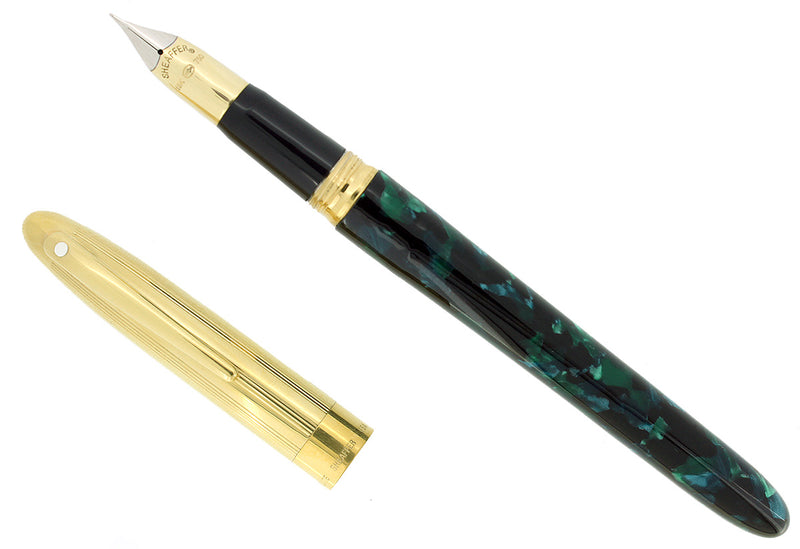 C1996 SHEAFFER CREST OPALITE GREEN GOLD CAP 18K F NIB FOUNTAIN PEN NEVER INKED OFFERED BY ANTIQUE DIGGER