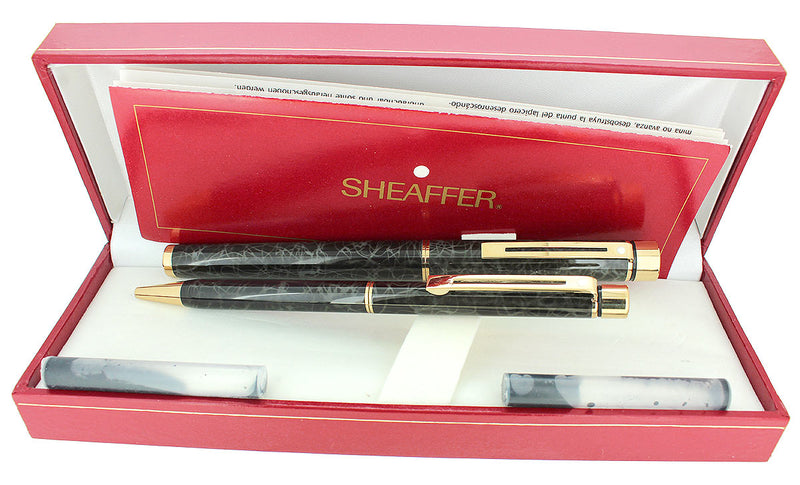 C1994 SHEAFFER TARGA LAQUE MARBLE GRAY RONCE FOUNTAIN PEN & BALLPOINT SET MINT OFFERED BY ANTIQUE DIGGER