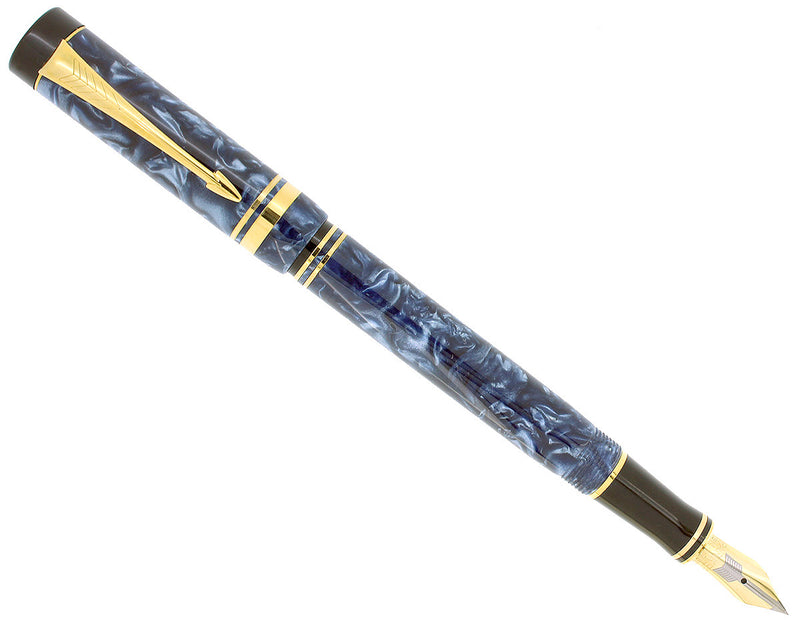 1998 PARKER DUOFOLD INTERNATIONAL BLUE MARBLE FOUNTAIN PEN 18K FINE NIB NEW IN BOX OFFERED BY ANTIQUE DIGGER