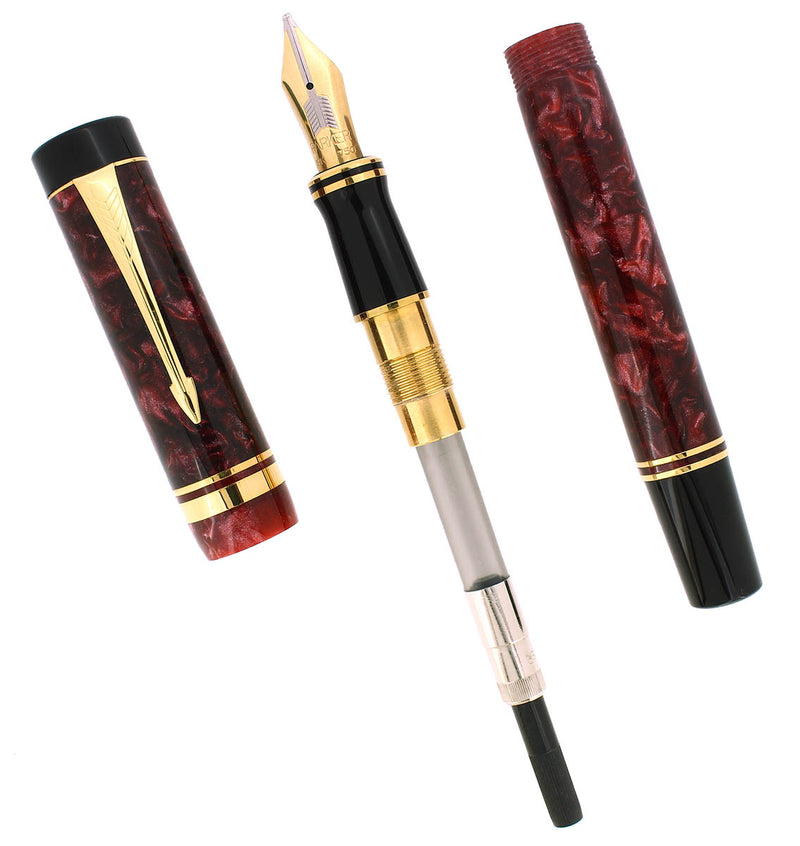 1998 PARKER DUOFOLD CENTENNIAL RED MARBLED 18K BROAD OBLIQUE NIB FOUNTAIN PEN OFFERED BY ANTIQUE DIGGER