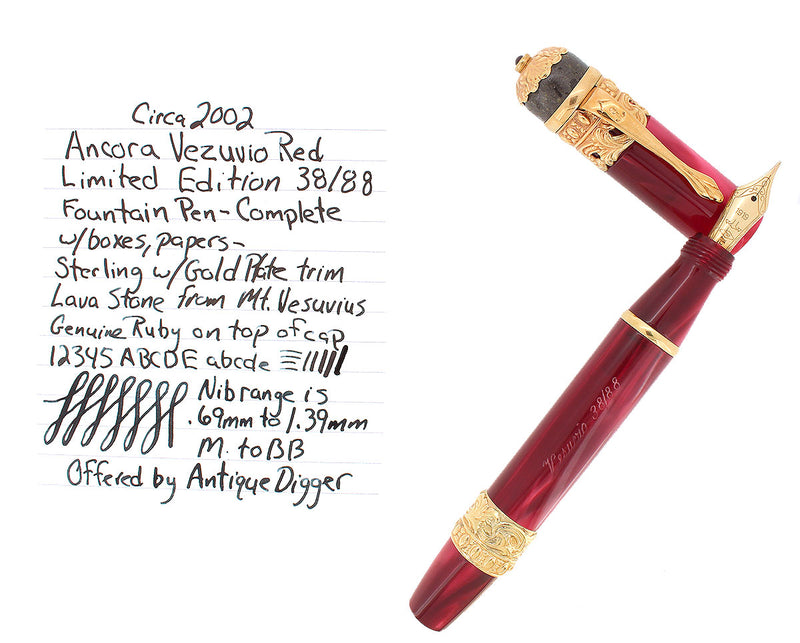 2002 ANCORA LIMITED EDITION 38/88 VEZUVIO RED FOUNTAIN PEN 18K FINE NIB MINT OFFERED BY ANTIQUE DIGGER