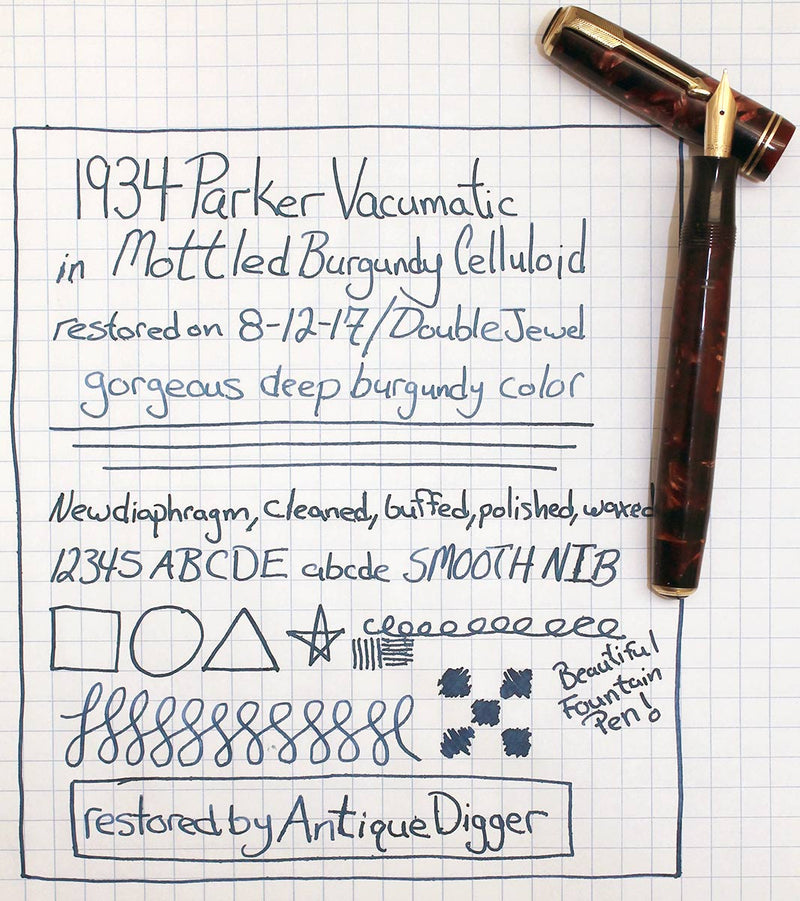1934 PARKER BURGUNDY MOTTLED DOUBLE JEWEL VACUMATIC JR FOUNTAIN PEN RESTORED OFFERED BY ANTIQUE DIGGER