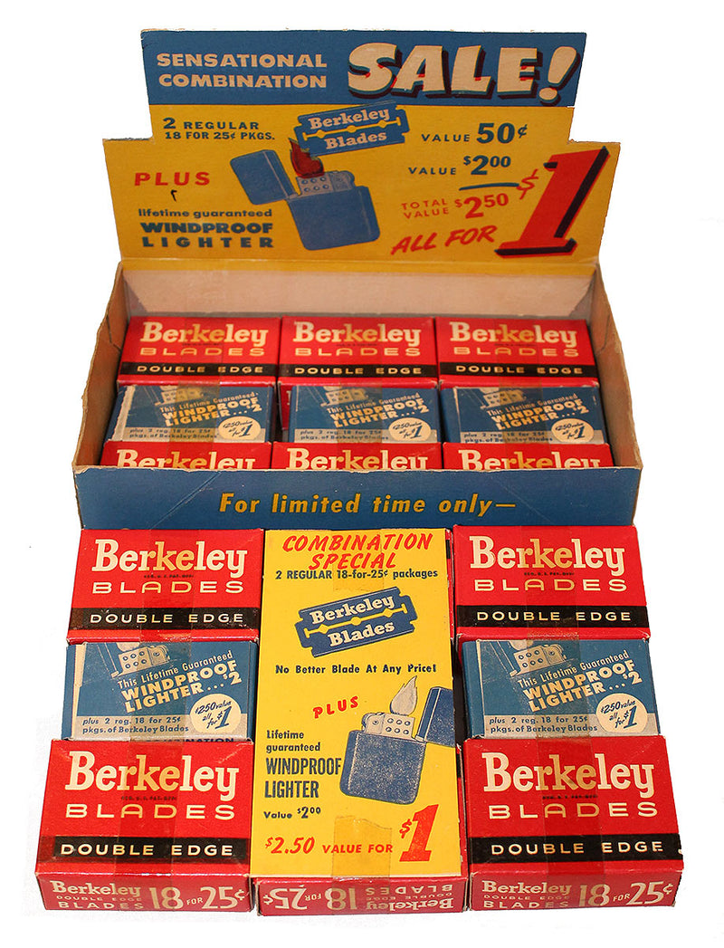 CIRCA 1940s BERKELEY BLADES COUNTER ADVERTISING DISPLAY UNOPENED NEW OLD STOCK OFFERED BY ANTIQUE DIGGER