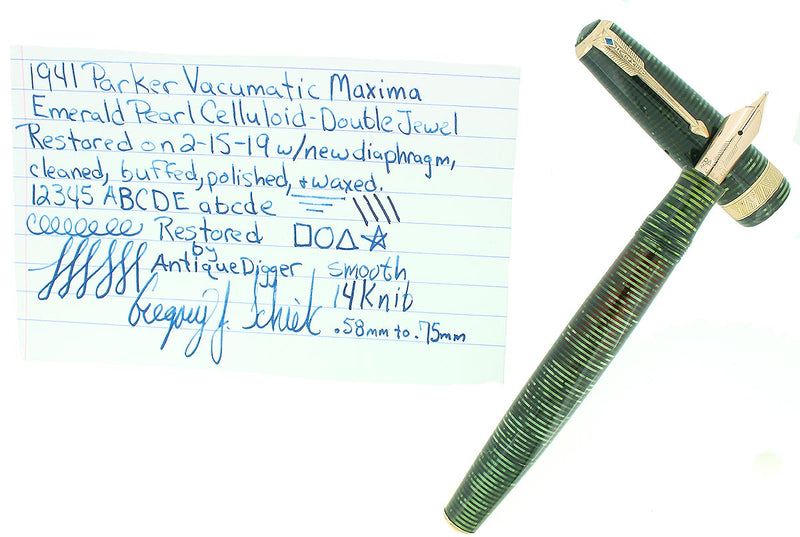 1939 PARKER EMERALD PEARL SENIOR MAXIMA VACUMATIC DJ FOUNTAIN PEN RESTORED OFFERED BY ANTIQUE DIGGER