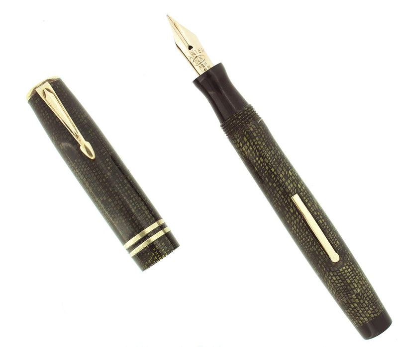 EARLY 1930S CARTER FOUNTAIN PEN OLIVE SNAKESKIN CELLULOID OFF CATALOG RESTORED OFFERED BY ANTIQUE DIGGER