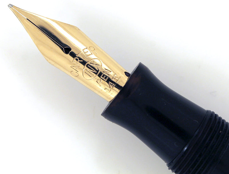 1930s CARTER'S JET BLACK CELLULOID FOUNTAIN PEN WITH M to BBB FLEXIBLE NIB IN RESTORED CONDITION OFFERED BY ANTIQUE DIGGER