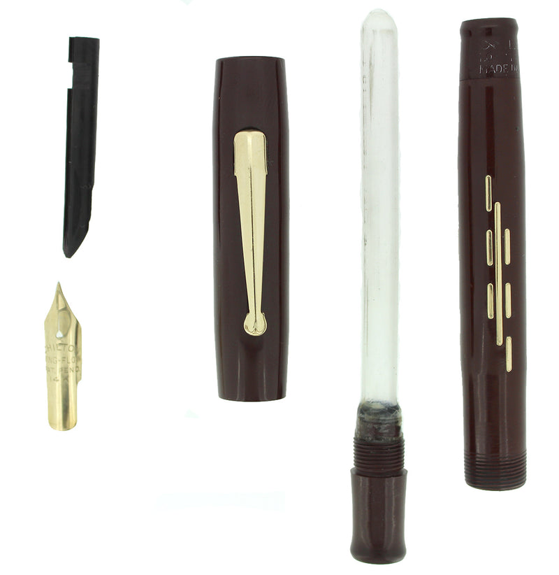 CIRCA 1937 CHILTON MAROON WING-FLOW FOUNTAIN PEN RESTORED INLAID GOLD DESIGN OFFERED BY ANTIQUE DIGGER