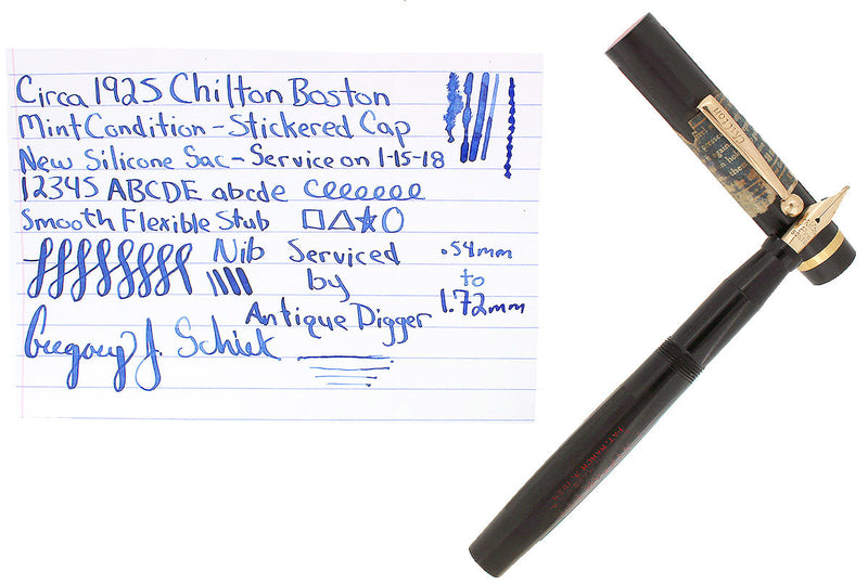 CIRCA 1925 CHILTON BOSTON BLACK HARD RUBBER FOUNTAIN PEN STICKERED MINT CONDITION OFFERED BY ANTIQUE DIGGER