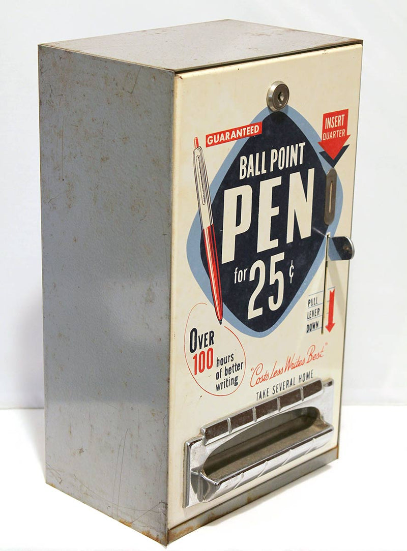 CIRCA 1950s COIN OPERATED BALLPOINT PEN VENDING MACHINE GREAT GRAPHICS WORKING CONDITION OFFERED BY ANTIQUE DIGGER
