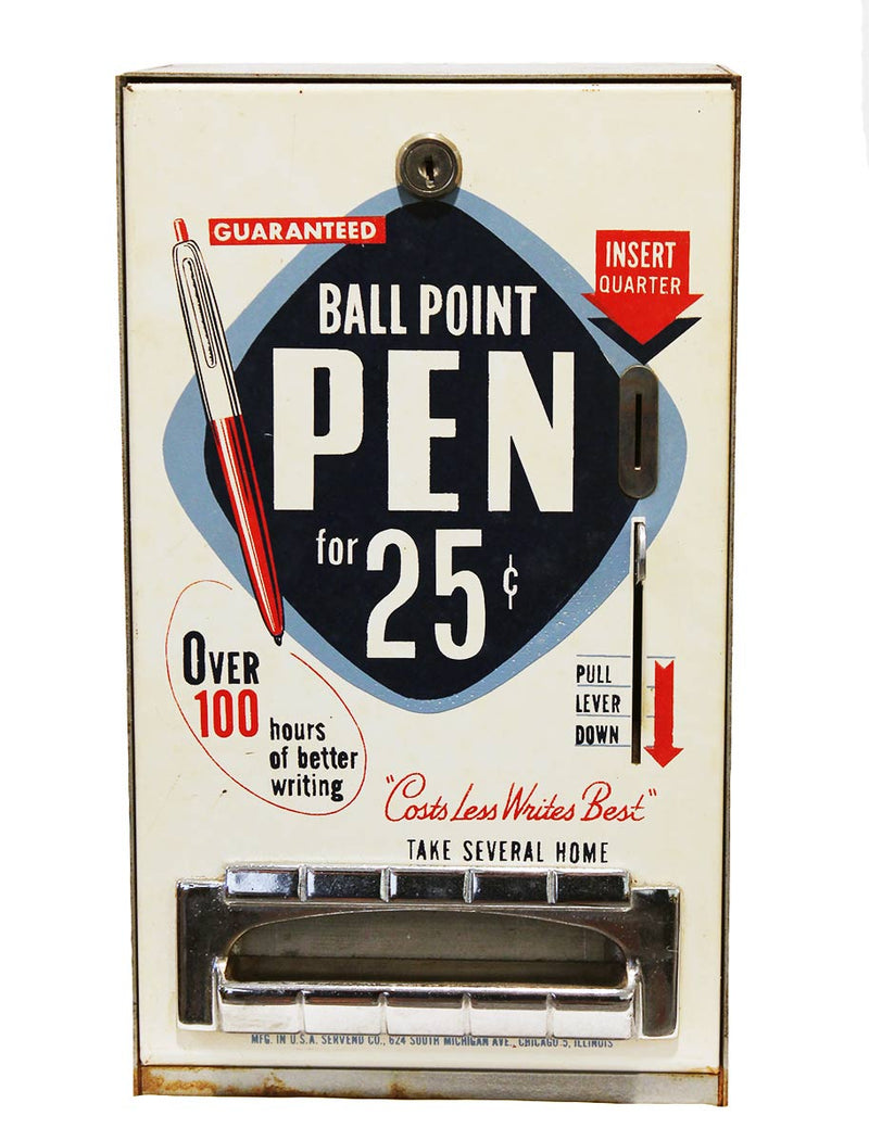 CIRCA 1950s COIN OPERATED BALLPOINT PEN VENDING MACHINE GREAT GRAPHICS WORKING CONDITION OFFERED BY ANTIQUE DIGGER