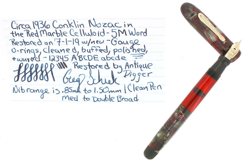 CIRCA 1936 CONKLIN NOZAC RED GRAY MARBLED 5M WORD GAUGE FOUNTAIN PEN RESTORED OFFERED BY ANTIQUE DIGGER