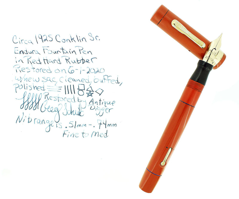 C1925 CONKLIN SENIOR ENDURA RED HARD RUBBER FOUNTAIN PEN RESTORED OFFERED BY ANTIQUE DIGGER
