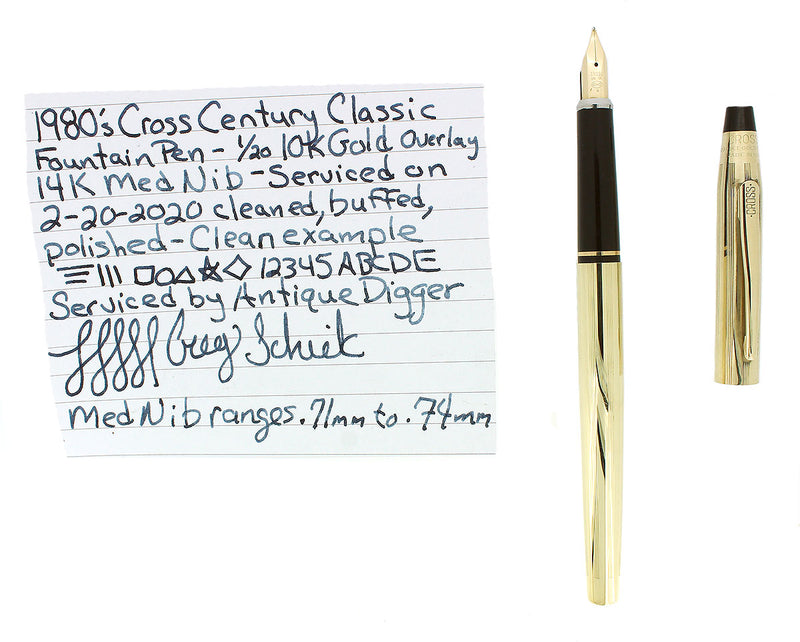 1980S CROSS CENTURY CLASSIC FOUNTAIN PEN 1/20 10K OVERLAY 14K MED NIB RESTORED OFFERED BY ANTIQUE DIGGER