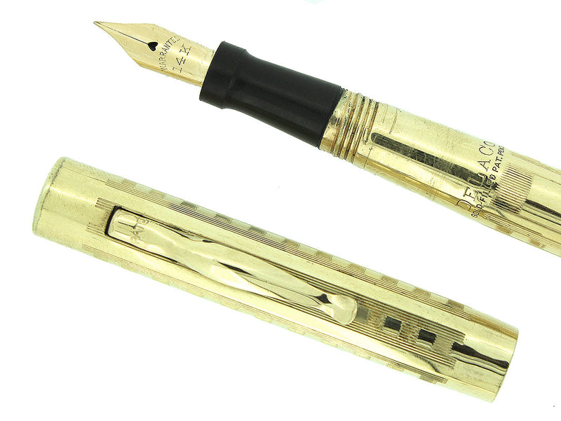 1920s DELACO DEWITT LAFRANCE GOLD FILLED LINE AND BOX PATTERN FOUNTAIN PEN RESTORED OFFERED BY ANTIQUE DIGGER