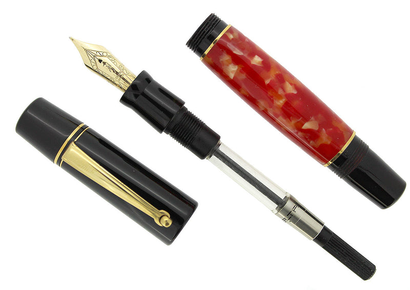 DELTA OLD NAPOLI PARTHENOPE FOUNTAIN PEN RED & BLACK 18K NIB MINT IN BOX NEW OLD STOCK OFFERED BY ANTIQUE DIGGER