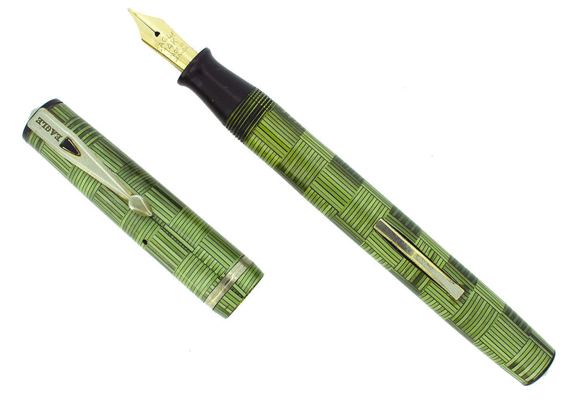 LATE 1930S EAGLE GREEN PARQUET PATTERN LEVER FILLER FOUNTAIN PEN RESTORED OFFERED BY ANTIQUE DIGGER