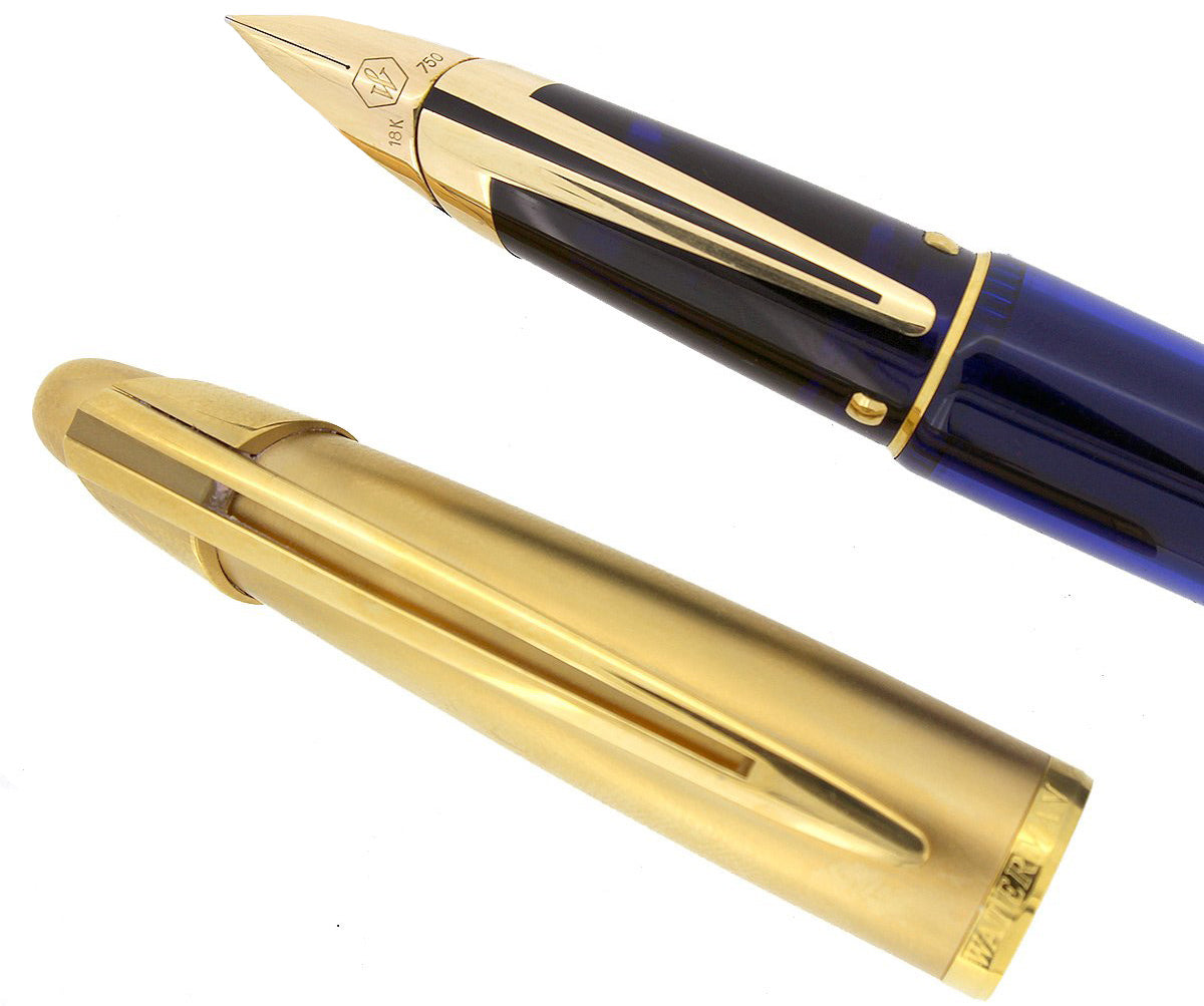 1990S WATERMAN EDSON SAPPHIRE BLUE FOUNTAIN PEN 18K MED NIB NEAR MINT