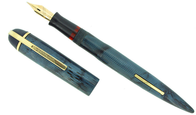 CIRCA 1942 EVERSHARP SKYLINE BLUE MOIRE FOUNTAIN PEN STANDARD SIZE RESTORED OFFERED BY ANTIQUE DIGGER