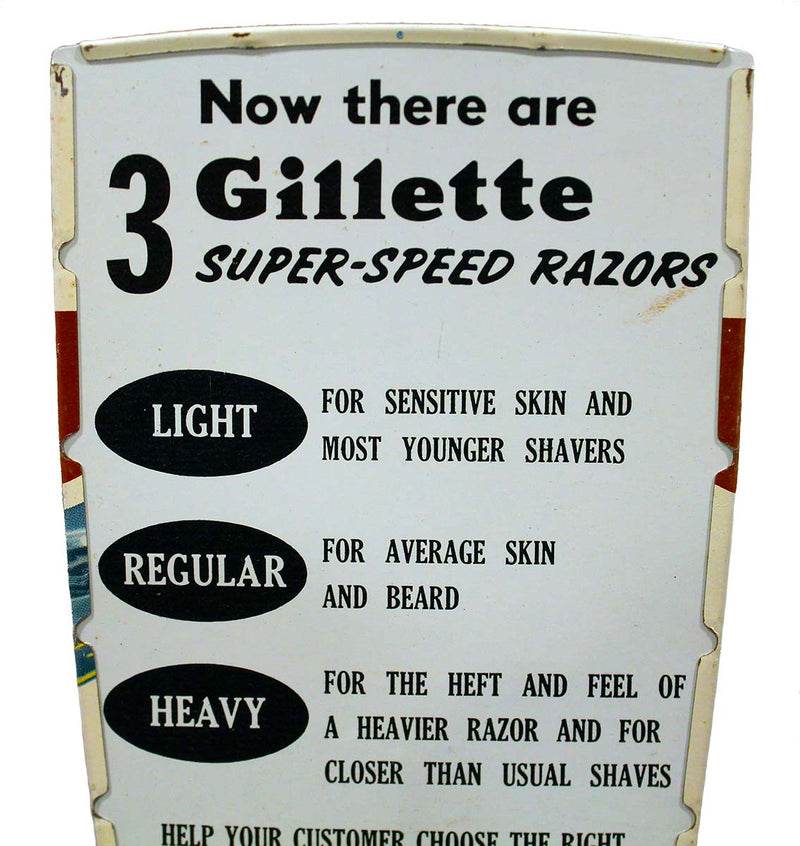CIRCA 1950s GILLETTE SUPER-SPEED RAZOR METAL ADVERTISING SIGN MINT CONDITION OFFERED BY ANTIQUE DIGGER