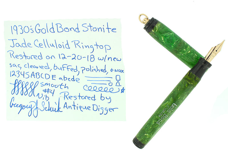 1930s GOLD BOND STONITE JADE RINGTOP FOUNTAIN PEN SMOOTH NIB RESTORED OFFERED BY ANTIQUE DIGGER