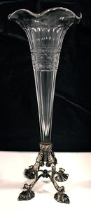 1899 DOMINICK & HAFF 13 1/2" STERLING & GLASS RIPPLED RIM SHELL FORM FEET VASE OFFERED BY ANTIQUE DIGGER