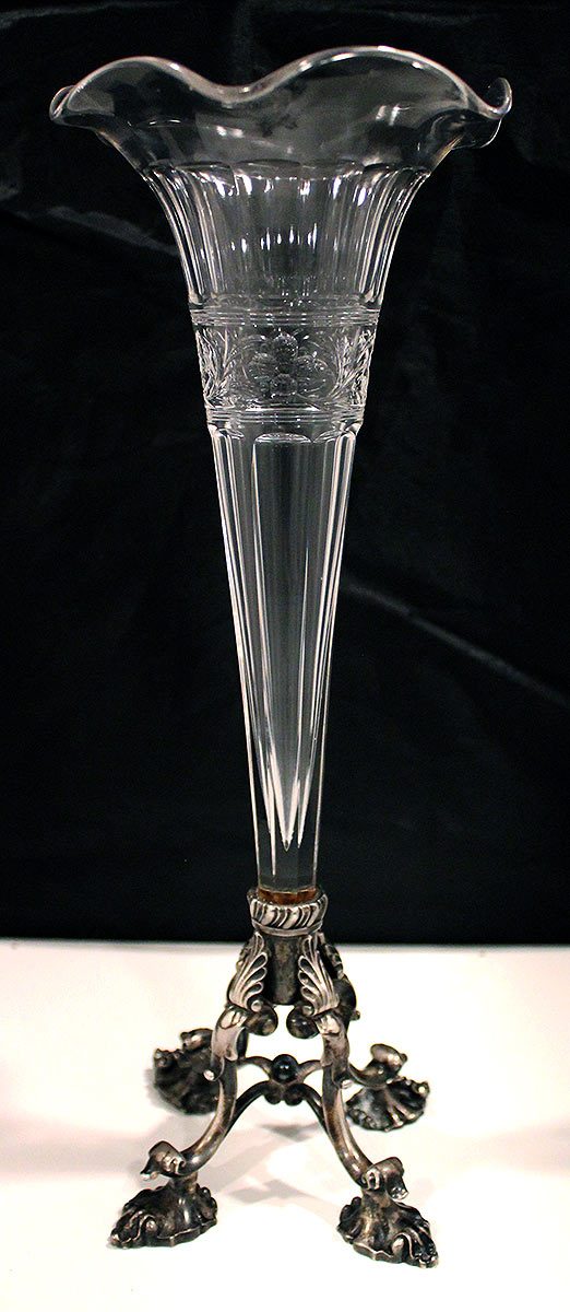 1899 DOMINICK & HAFF 13 1/2" STERLING & GLASS RIPPLED RIM SHELL FORM FEET VASE OFFERED BY ANTIQUE DIGGER