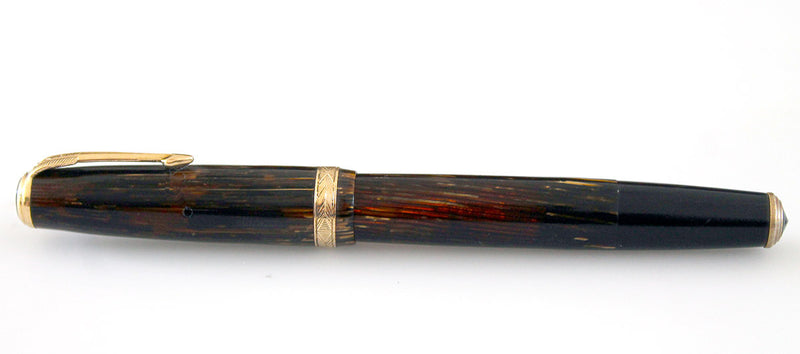 1938 PARKER BROWN DOUBLE JEWEL VACUMATIC SHADOW WAVE FOUNTAIN PEN RESTORED WITH HARD TO FIND STAR CLIP