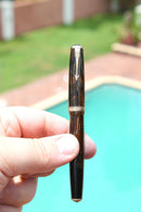 1938 PARKER BROWN DOUBLE JEWEL VACUMATIC SHADOW WAVE FOUNTAIN PEN RESTORED WITH HARD TO FIND STAR CLIP