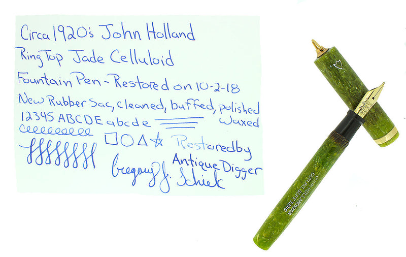 CIRCA 1920s JOHN HOLLAND JADE GREEN RINGTOP FOUNTAIN PEN RESTORED
