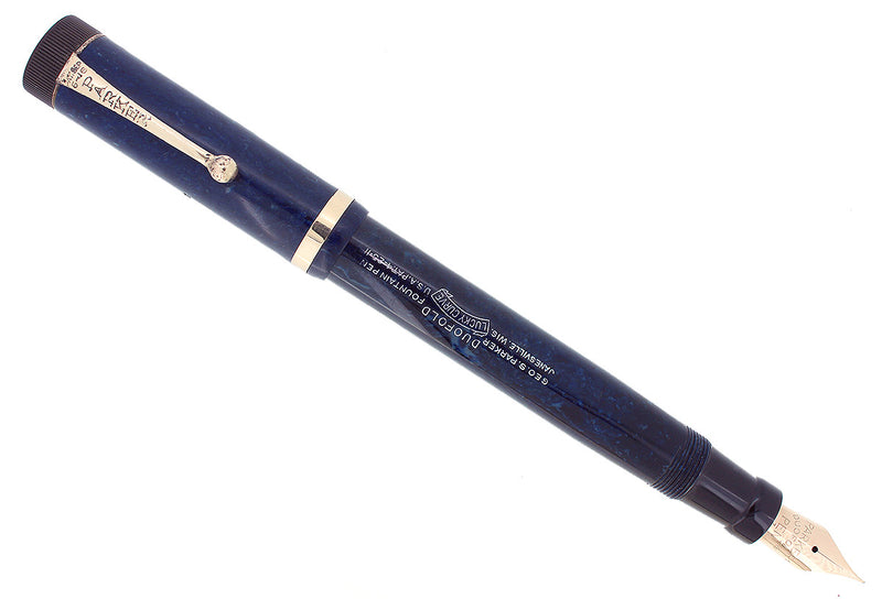1927 PARKER SENIOR DUOFOLD BLUE ON BLUE LAPIS FOUNTAIN PEN XF-BB NIB RESTORED OFFERED BY ANTIQUE DIGGER