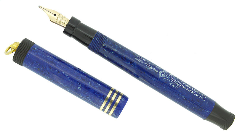 CIRCA 1929 PARKER DUOFOLD LAPIS WHITE ON BLUE FOUNTAIN PEN LUCKY CURVE NEAR MINT OFFERED BY ANTIQUE DIGGER