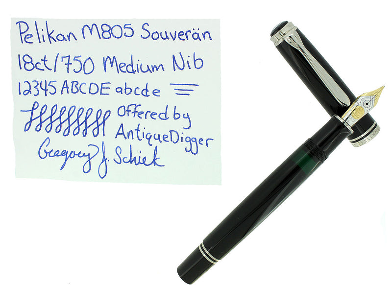 PELIKAN M805 SOUVERAN BLACK FOUNTAIN PEN RHODIUM TRIM 18C MEDIUM NIB NEAR MINT OFFERED BY ANTIQUE DIGGER
