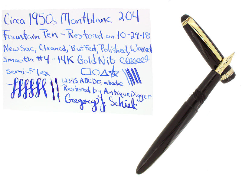 CIRCA 1951 MONTBLANC 204 FOUNTAIN PEN M to BBB 14K SMOOTH WRITING NIB RESTORED OFFERED BY ANTIQUE DIGGER