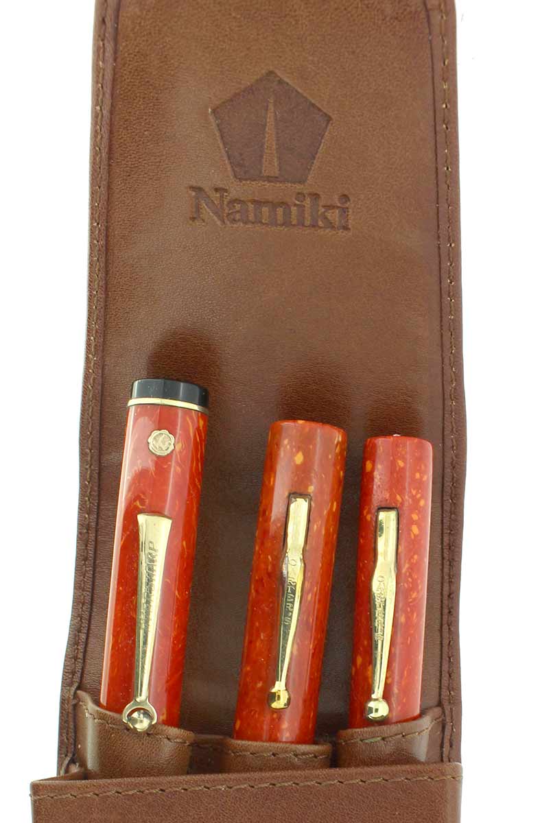 NAMIKI NEW IN BOX 3-PEN COGNAC LEATHER CASE MADE IN JAPAN UNUSED MINT CONDITION OFFERED BY ANTIQUE DIGGER