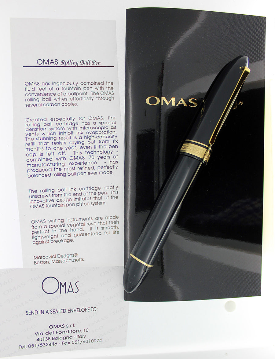 OMAS 360 JET BLACK ROLLERBALL PEN WITH GOLD TRIM NEW OLD STOCK