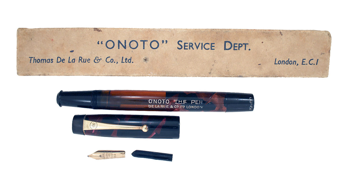 RESTORED 1938 ONOTO DE LA RUE RED MARBLED FOUNTAIN PEN PLUNGER FILLING