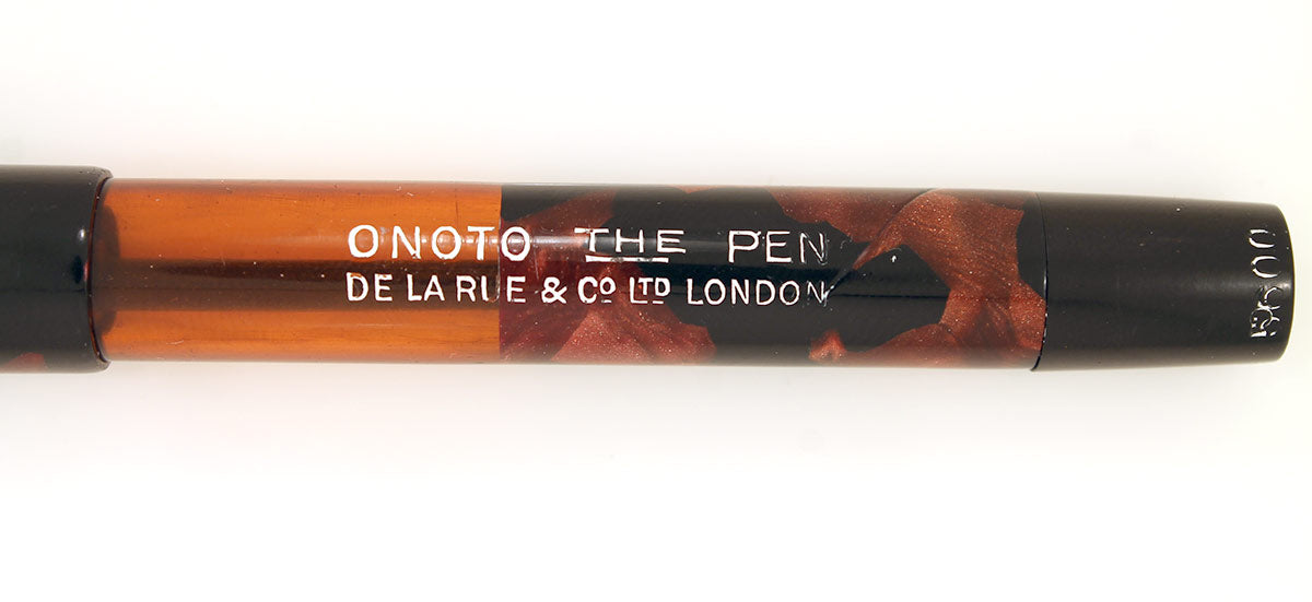 RESTORED 1938 ONOTO DE LA RUE RED MARBLED FOUNTAIN PEN PLUNGER FILLING
