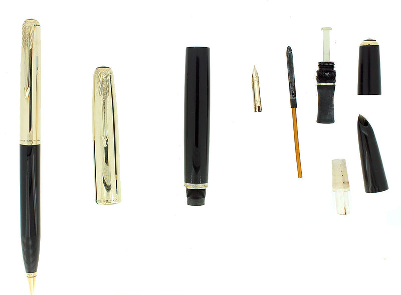 RARE PARKER 51 SOLID 14K GOLD SMOOTH CAPS FOUNTAIN PEN AND PENCIL SET RESTORED OFFERED BY ANTIQUE DIGGER