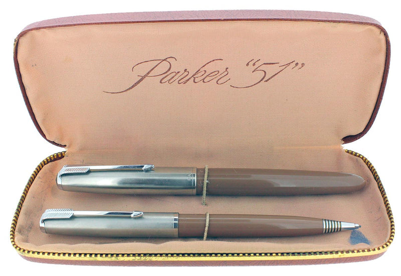 1953 PARKER 51 COCOA FOUNTAIN PEN AND PENCIL SET RESTORED OFFERED BY ANTIQUE DIGGER