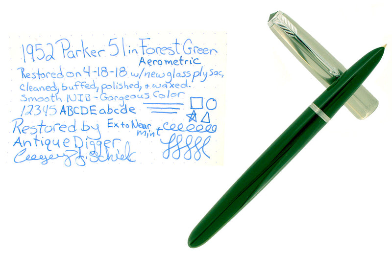 1952 PARKER 51 FOREST GREEN AEROMETRIC FOUNTAIN PEN MEDIUM NIB RESTORED OFFERED BY ANTIQUE DIGGER