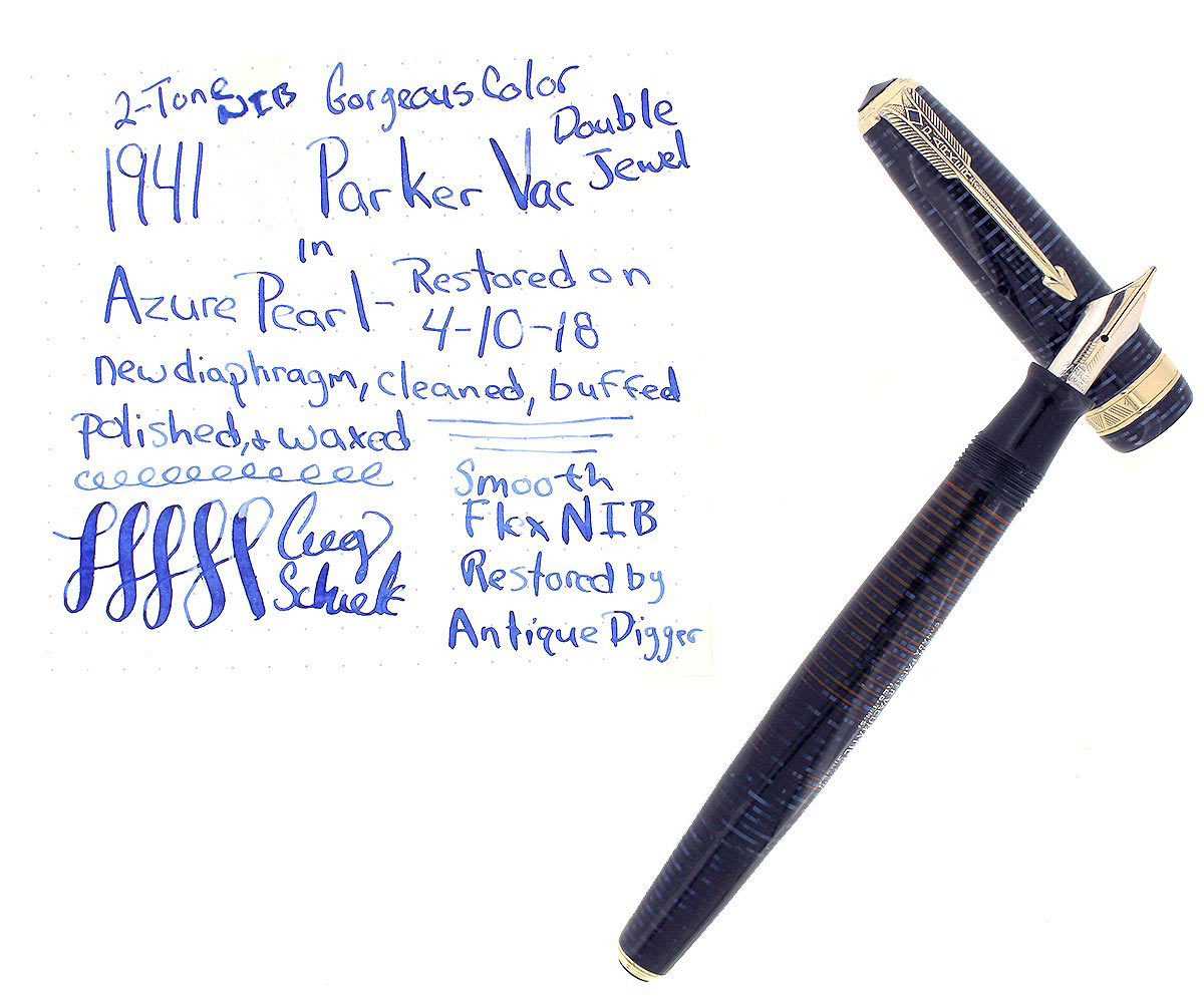 1941 PARKER VACUMATIC DOUBLE JEWEL AZURE PEARL FOUNTAIN PEN FLEX