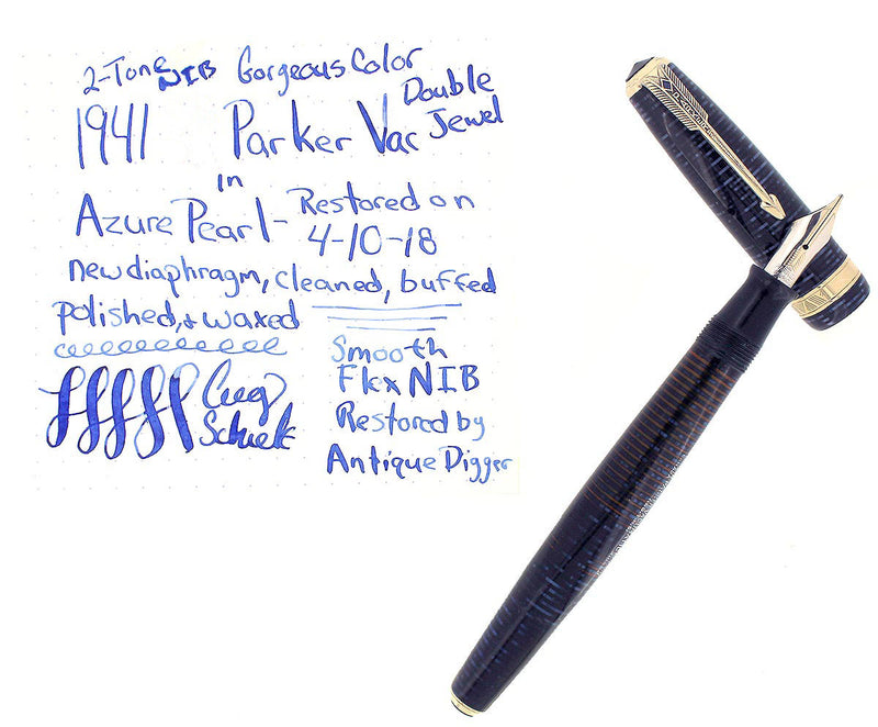 1941 PARKER VACUMATIC DOUBLE JEWEL AZURE PEARL FOUNTAIN PEN FLEX NIB RESTORED OFFERED BY ANTIQUE DIGGER