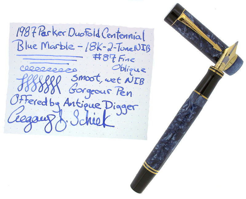 1987 DUOFOLD CENTENNIAL BLUE MARBLE FOUNTAIN PEN 18K FINE OBLIQUE NIB MINT OFFERED BY ANTIQUE DIGGER