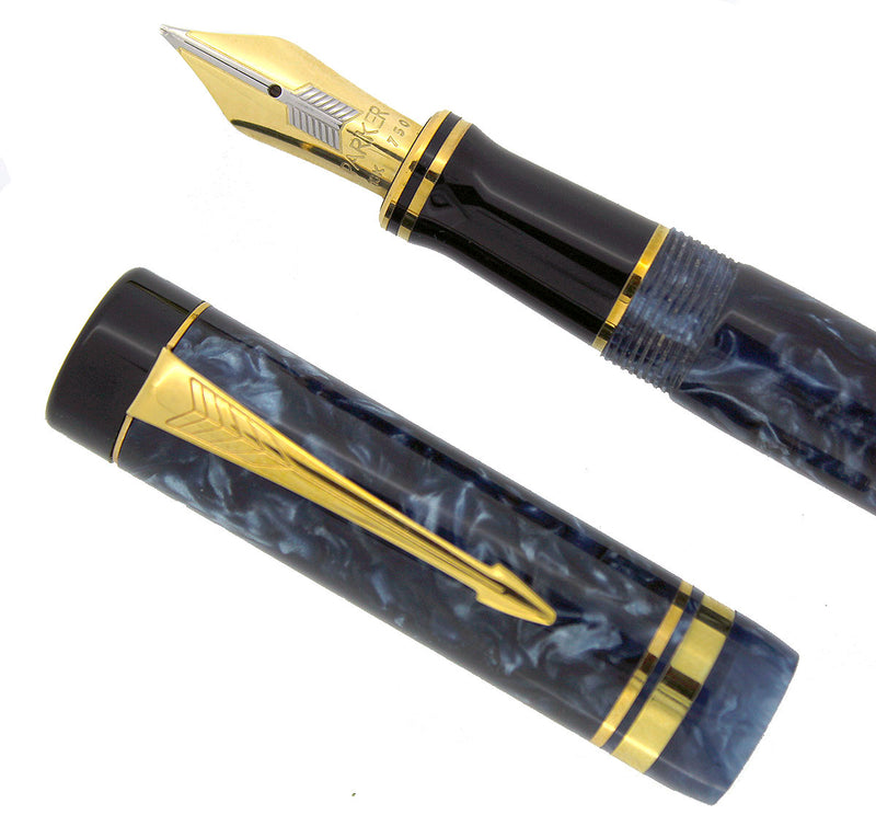 1987 DUOFOLD CENTENNIAL BLUE MARBLE FOUNTAIN PEN 18K FINE OBLIQUE NIB MINT OFFERED BY ANTIQUE DIGGER