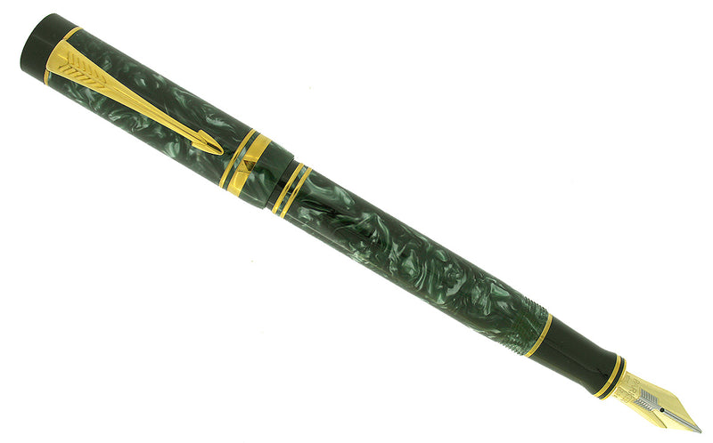 1992 DUOFOLD CENTENNIAL GREEN MARBLE FOUNTAIN PEN 18K FINE OBLIQUE NIB MINT OFFERED BY ANTIQUE DIGGER